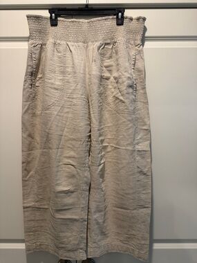 Anthropologie Smocked-Waist Cropped Wide-Leg Pants in Light Beige